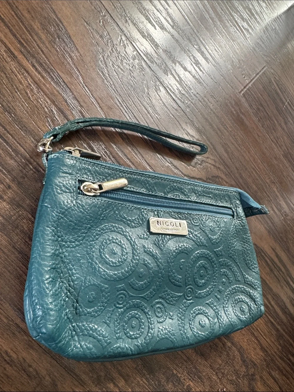 NICOLI Teal Blue Wristlet Clutch with Embossed Circles